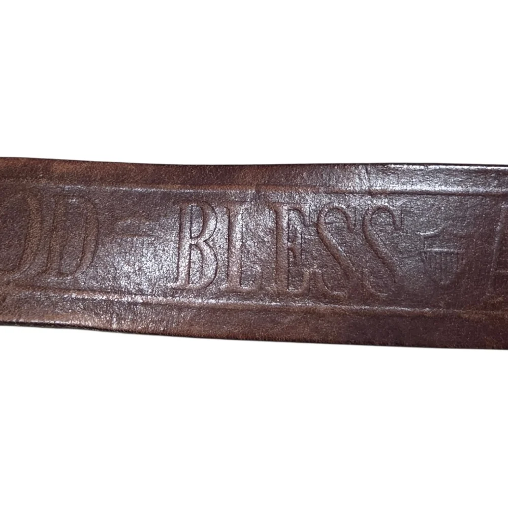 Vintage God Bless America Brown Leather Belt with Eagle Buckle